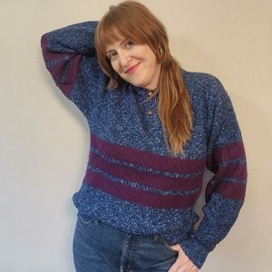 90s Jantzen Purple Stripe Henley Dad Sweater